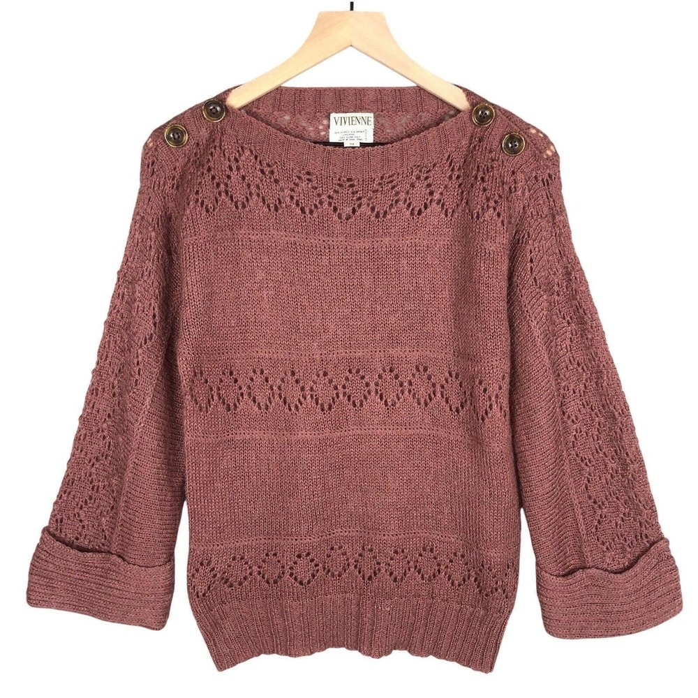 VTG 80s VIVIENNE Wool Mohair Blend Boatneck Pointelle Sweater Women's Sz M Mauve
